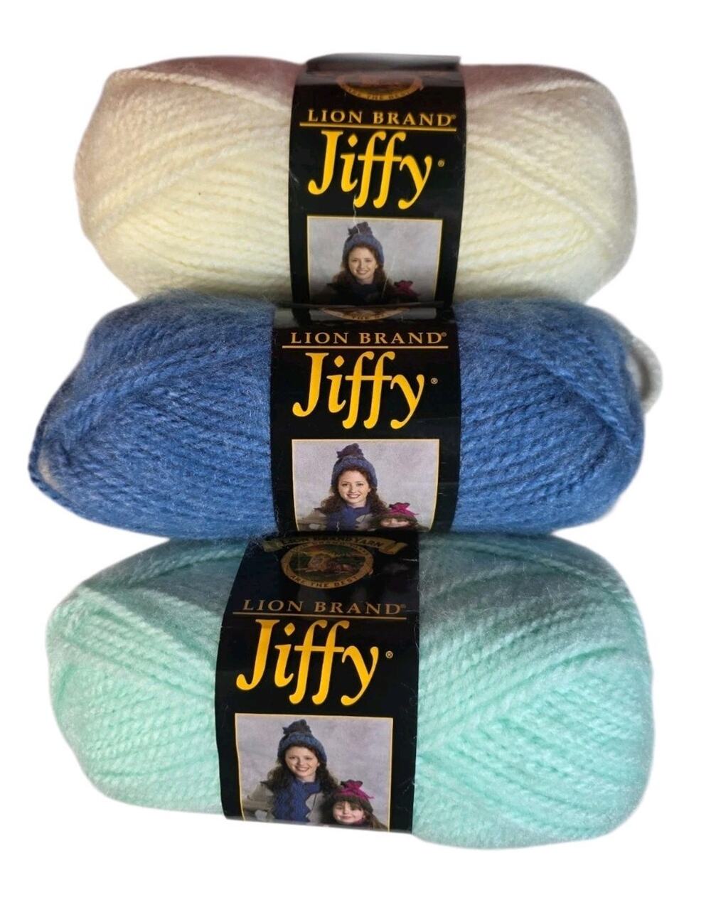 Lot Of 3 Lion Brand Jiffy Yarn Mint, Heather Blue,Fisherman 135 yds 100% Acrylic